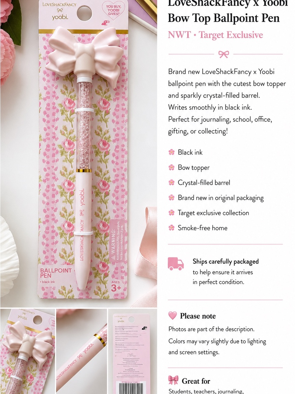 LoveShackFancy x Yoobi Bow Ballpoint Pen Pink Crystal Pen NWT